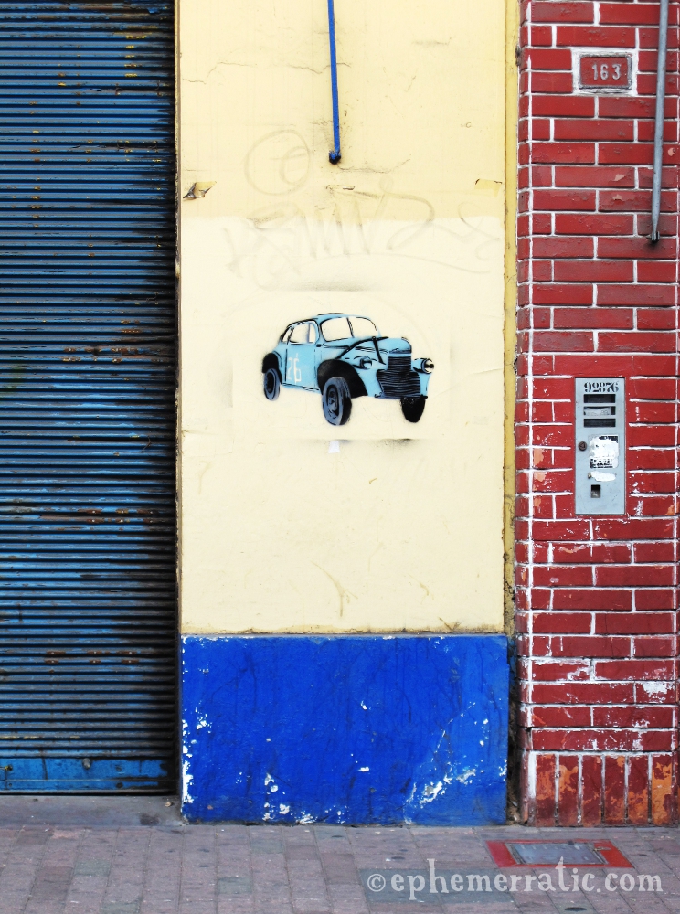 Blue roadster stencil street art, Miraflores, Lima, Peru