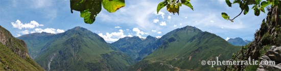 Panorama from under the shade of leaves, Colca Canyon, Peru photo