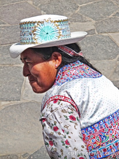 Peruvian tribal embroidered outfit, road to Colca Canyon, Peru photo