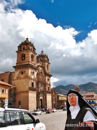 A nun, a church, a taxi, Cusco, Peru photo