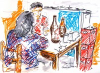 Drawing of drinkers at a nameless bar in Pisac, Peru by Todd Berman