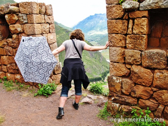 Fear of heights at Pisac ruins, Peru photo
